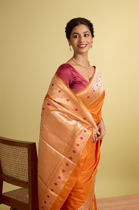 Orange Pure Silk Kadwa Banarasi Saree