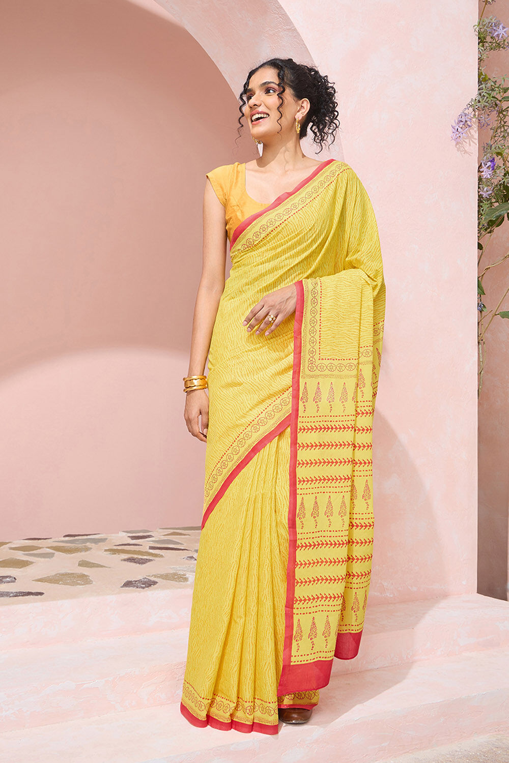 Yellow Pure Cotton Mulmul Block Printed Bengal Saree image number null