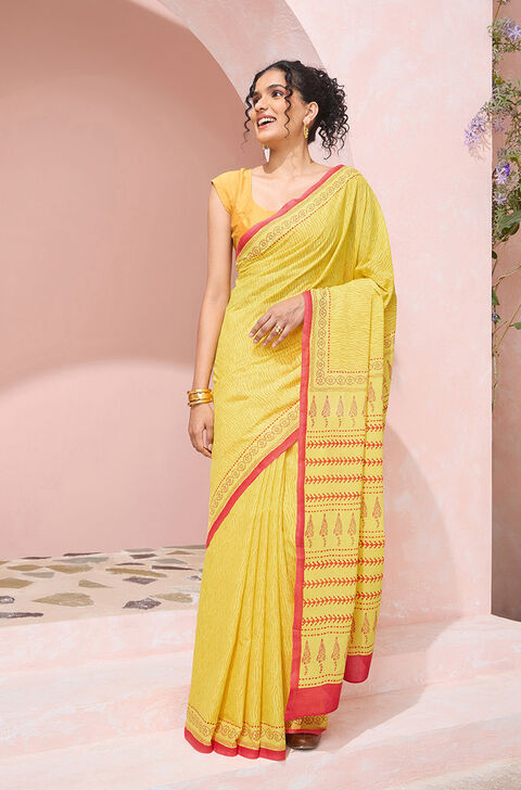 Yellow Pure Cotton Mulmul Block Printed Bengal Saree