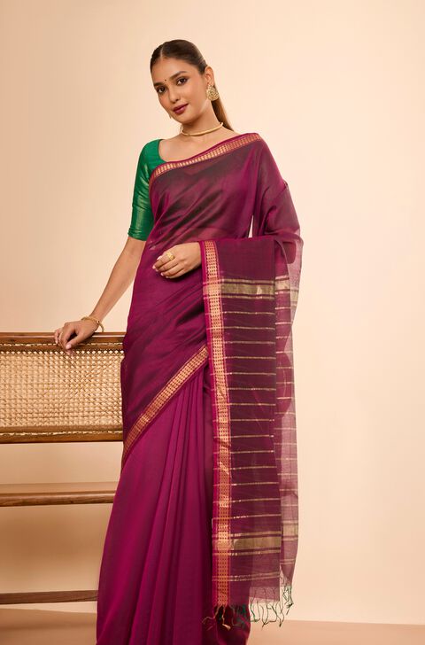 Purple Woven Pure Silk Cotton Maheshwari Saree