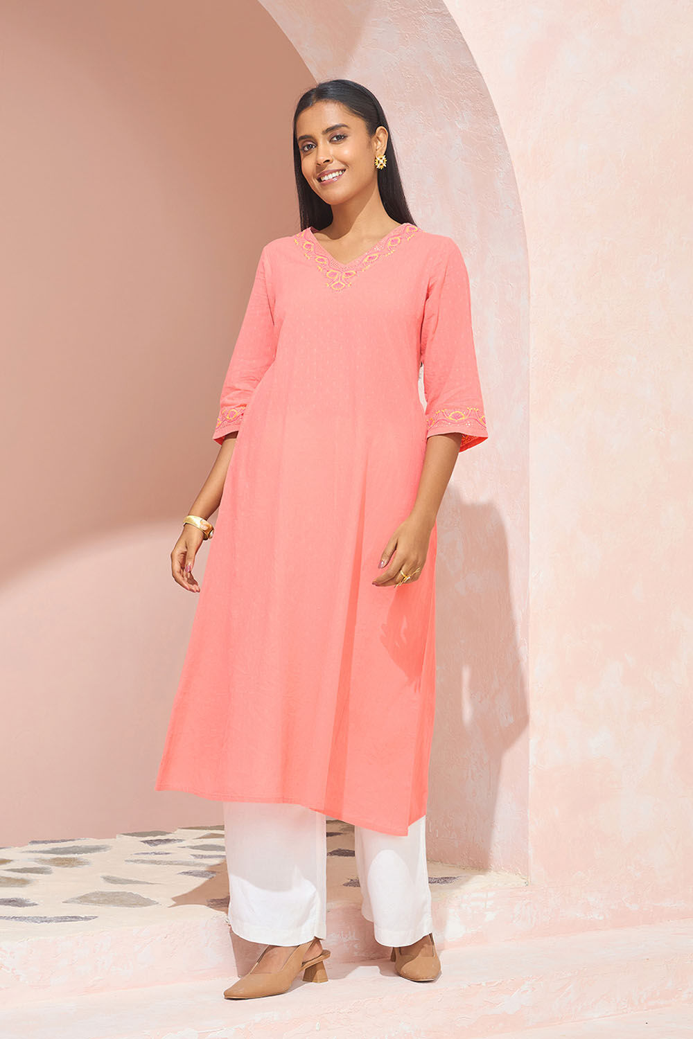 Light Orange Pure Cotton Chikankari Kurta image number null
