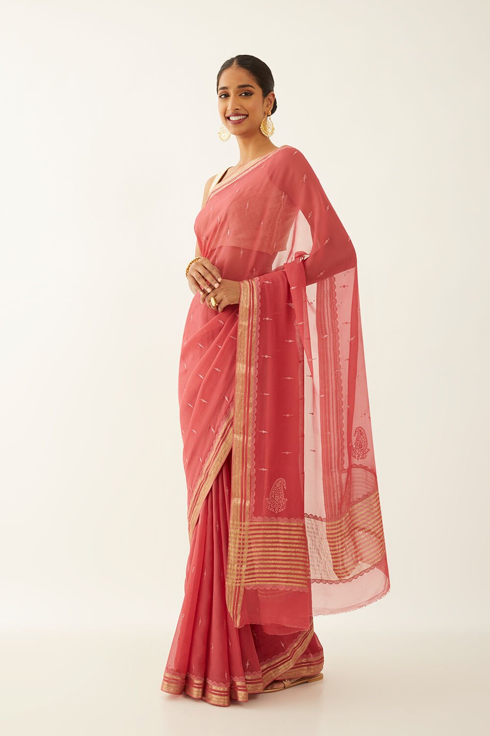 Light Red Pure Chiffon Embroidered Saree image number null