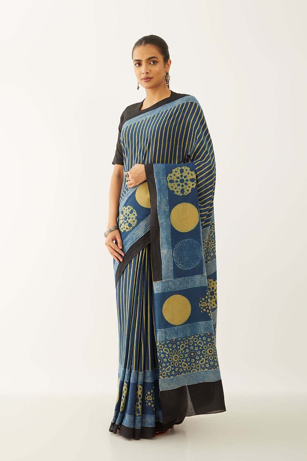 Blue Pure Cotton Ajrakh Block Print Saree image number null