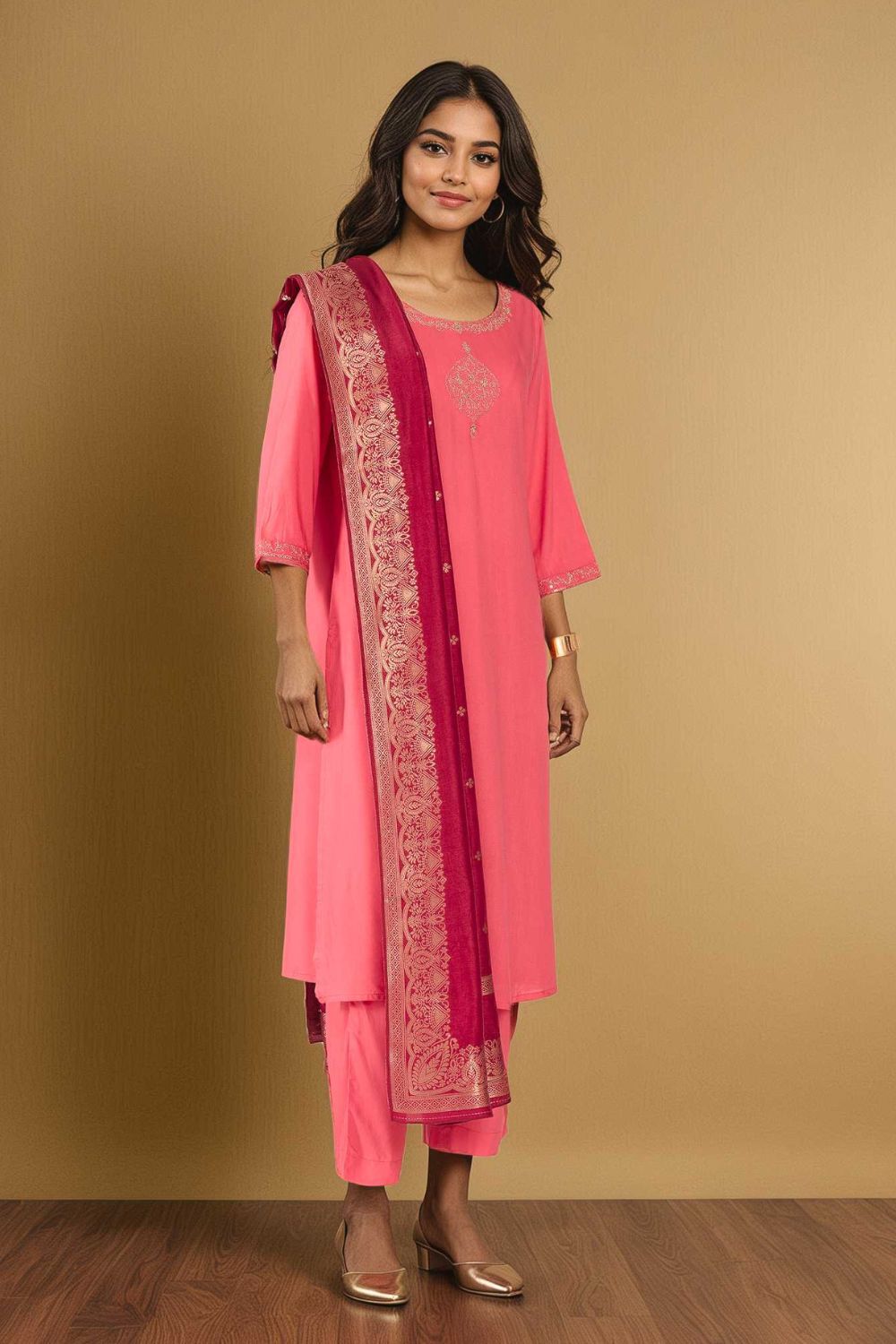 Pink Viscose Embroidered Kurta Set image number null
