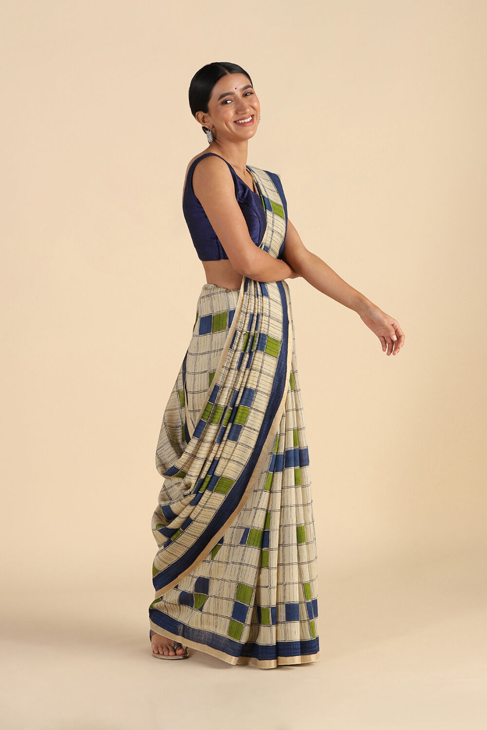 Beige Hand Blockprinted Pure Tussar Vanya Saree image number null