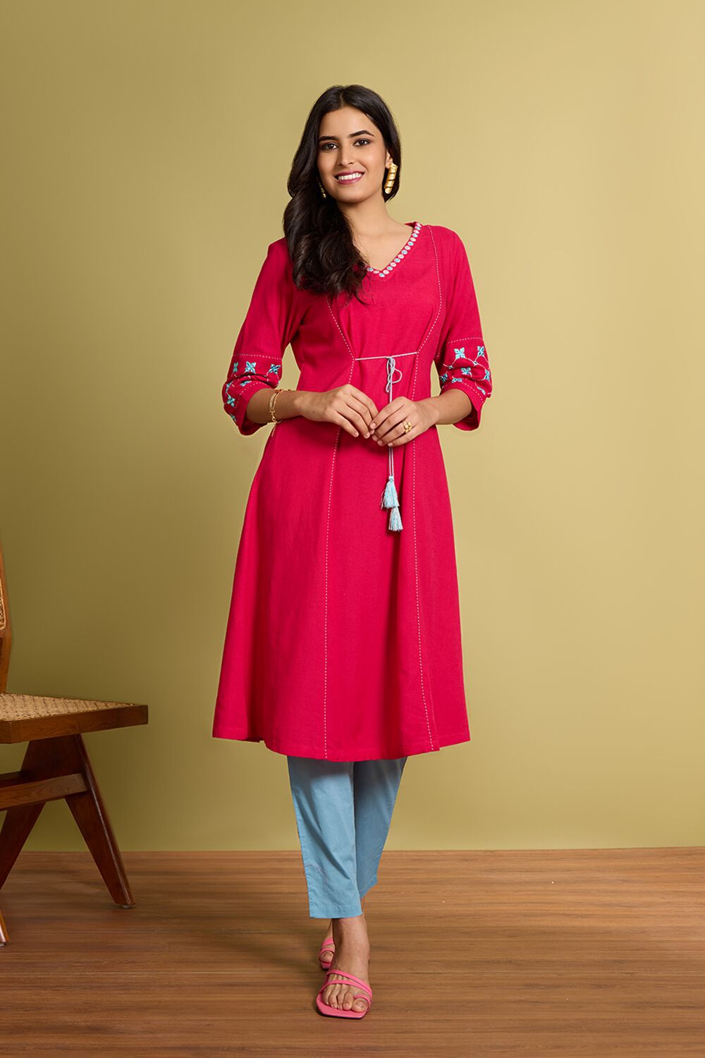 Pink Viscose Cotton Embroidered Kurta image number null