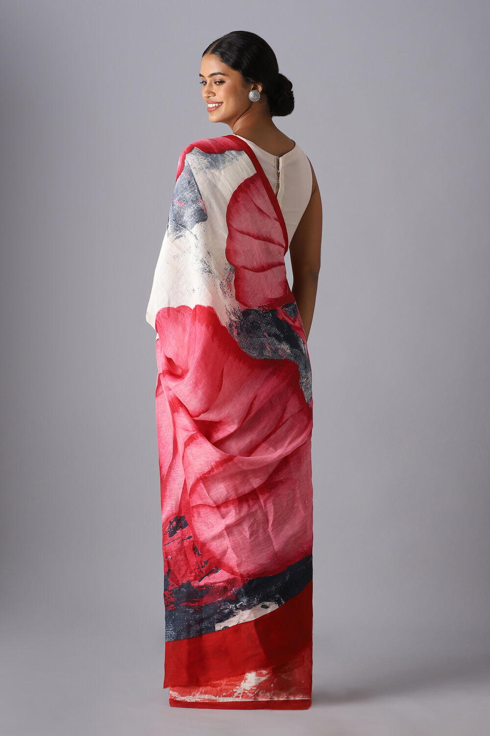 Red Pure Silk Linen Printed Saree image number null