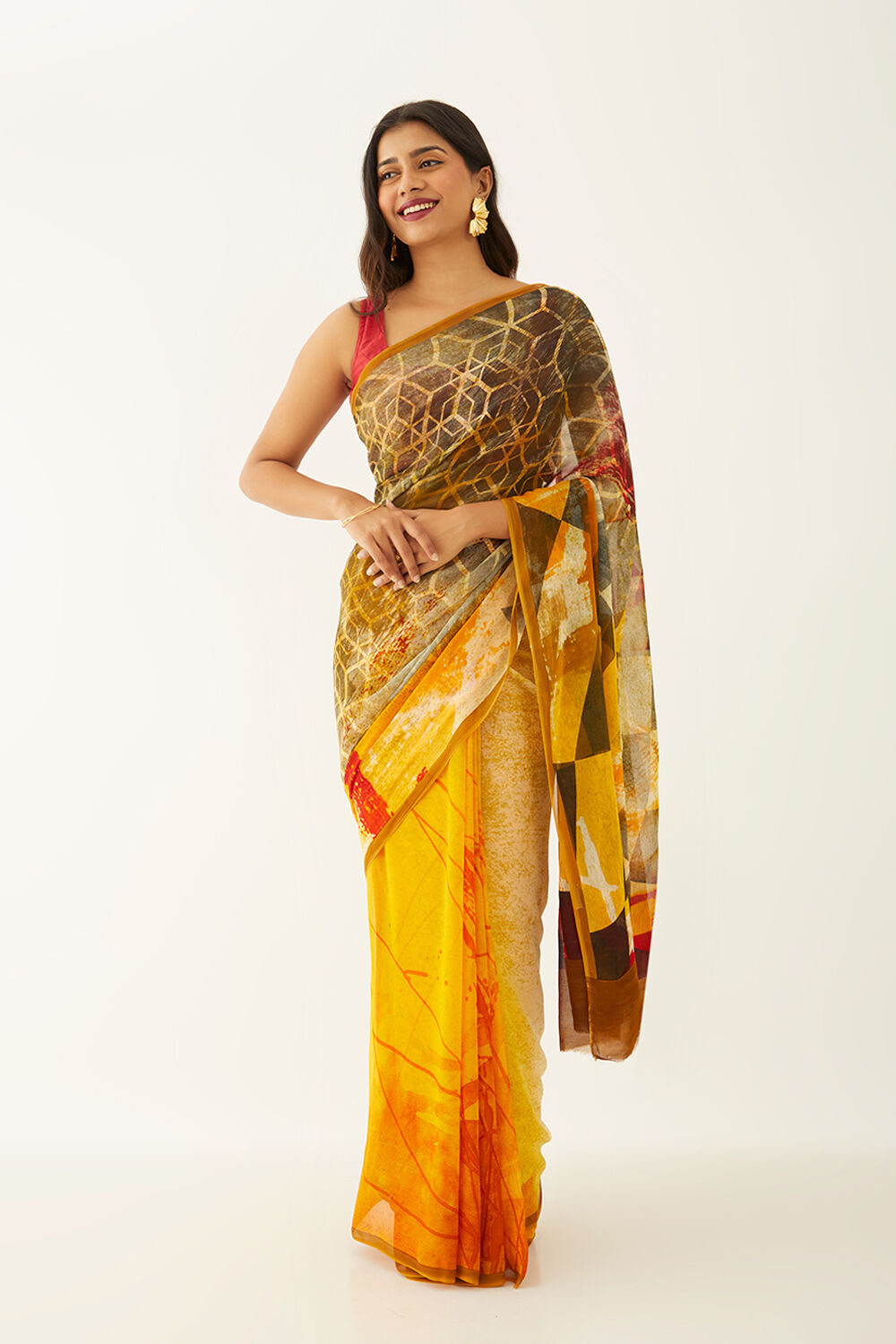 Yellow Viscose Georgette Digital Print Saree image number null