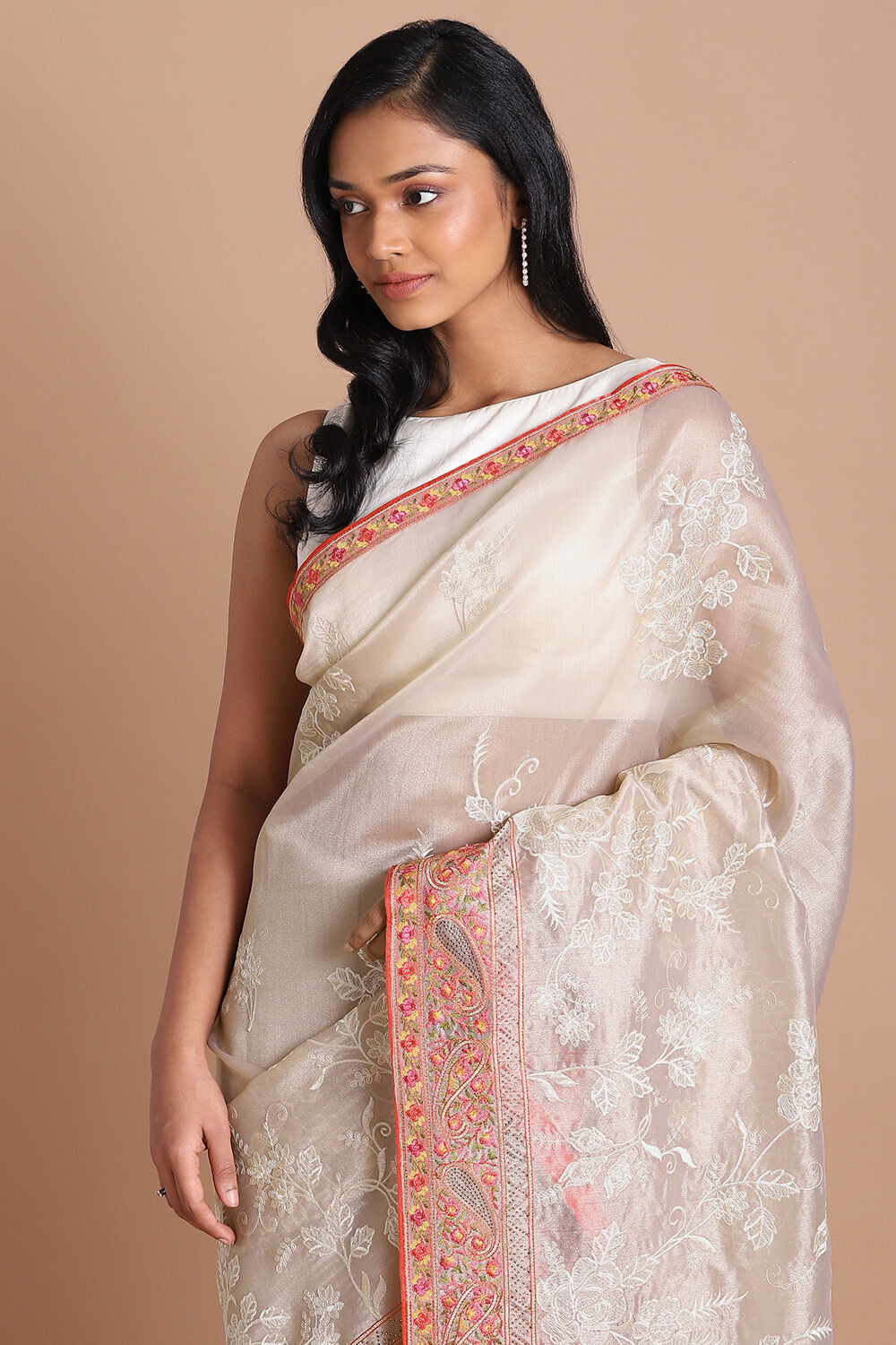 Beige Embroidered Saree image number null