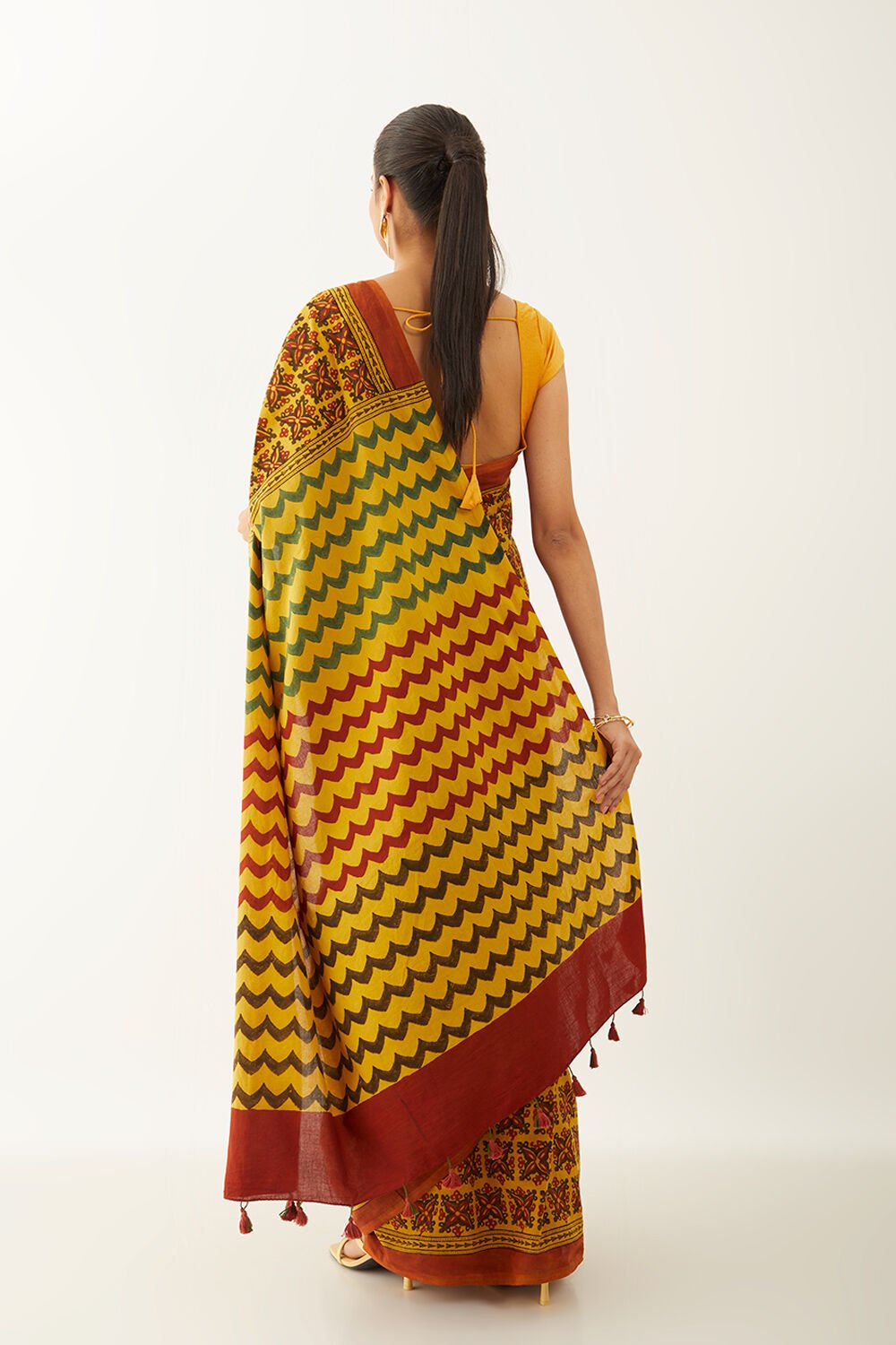 Yellow Pure Cotton Ajrakh Block Print Saree image number null
