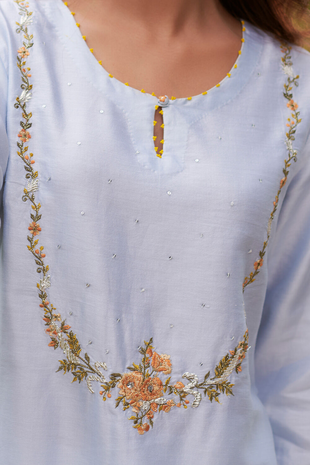 Light Blue Silk Cotton Embroidered Kurta image number null
