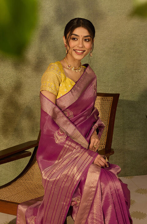 Purple Bengal Viscose Tissue Embroidered Saree