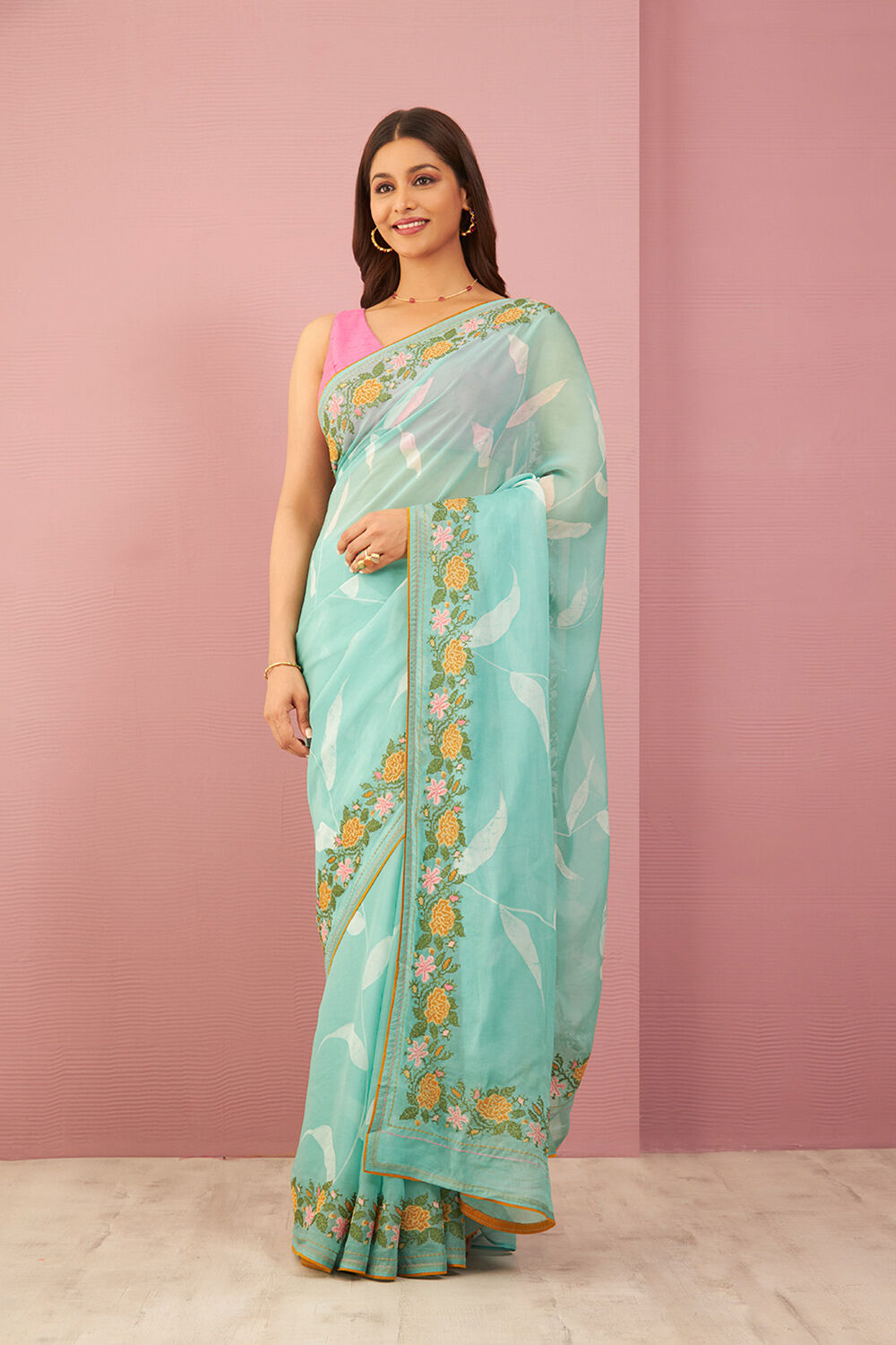 Light Green Tencel Embroidered Saree image number null