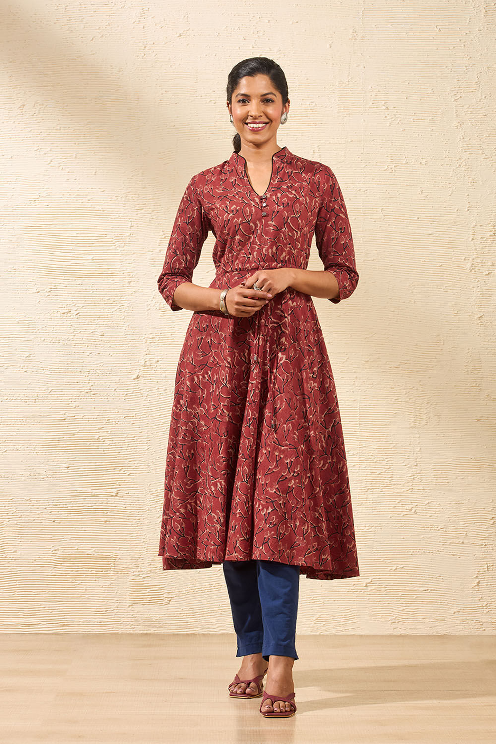 Red Block Printed Kalamkari Pure Cotton Kurta image number null