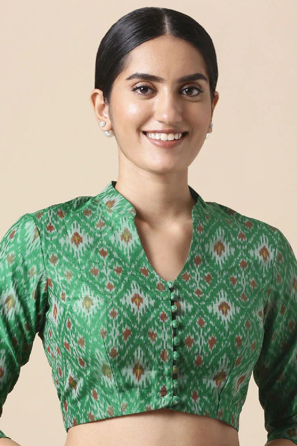 Green Silk Cotton Ikat Blouse image number null