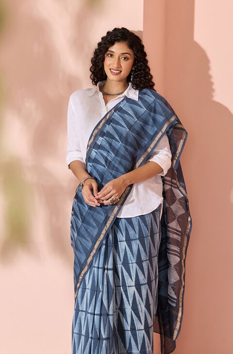 Dark Blue Tie & Dye Shibori Pure Silk Cotton Rajasthan Saree