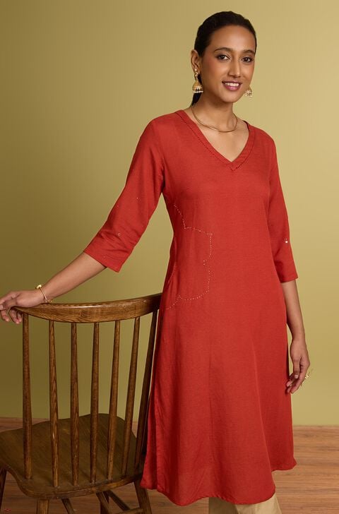 Orange Viscose Cotton Embroidered Kurta