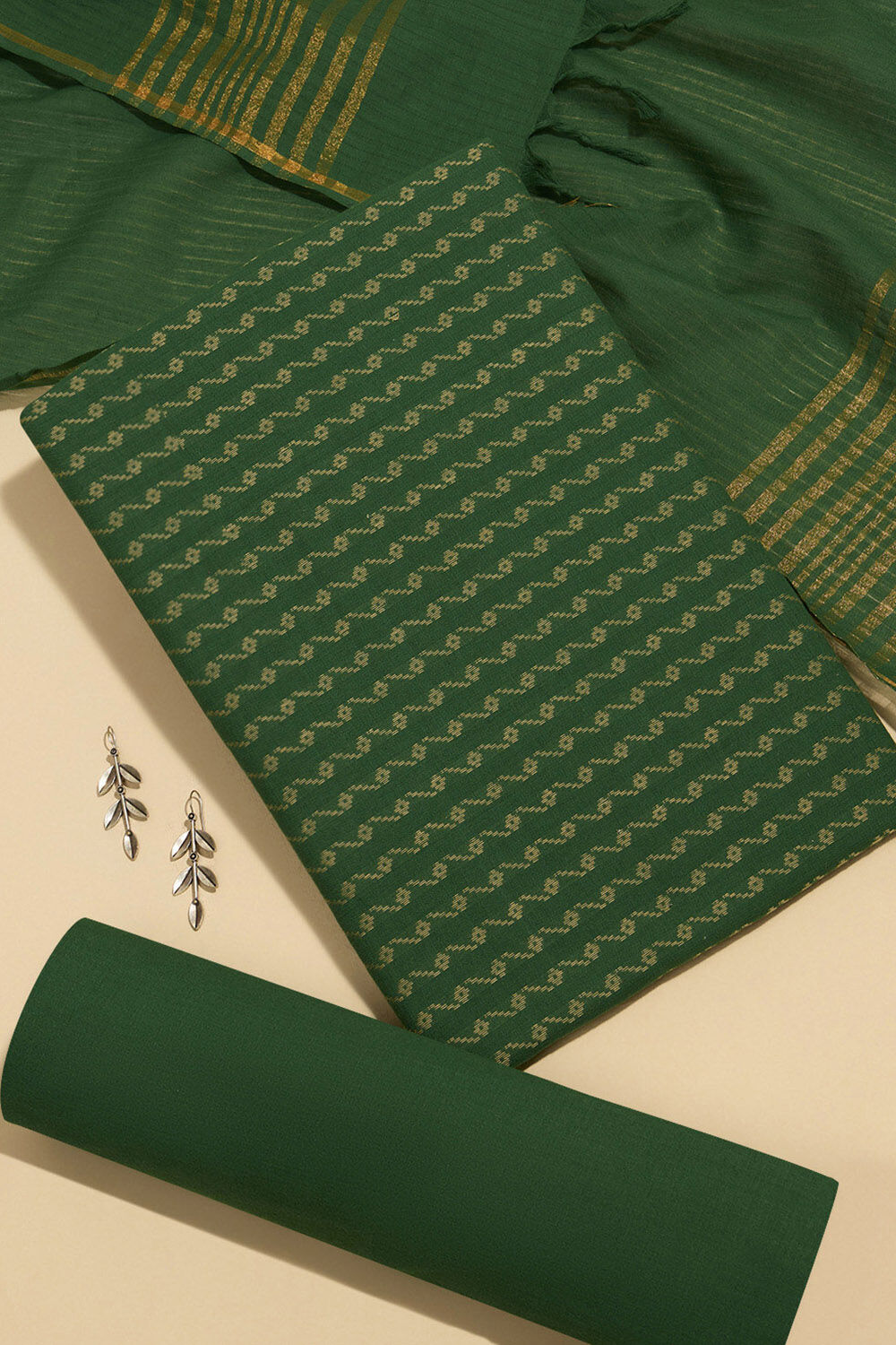Green Woven Pure Cotton Unstitched Suit Set image number null