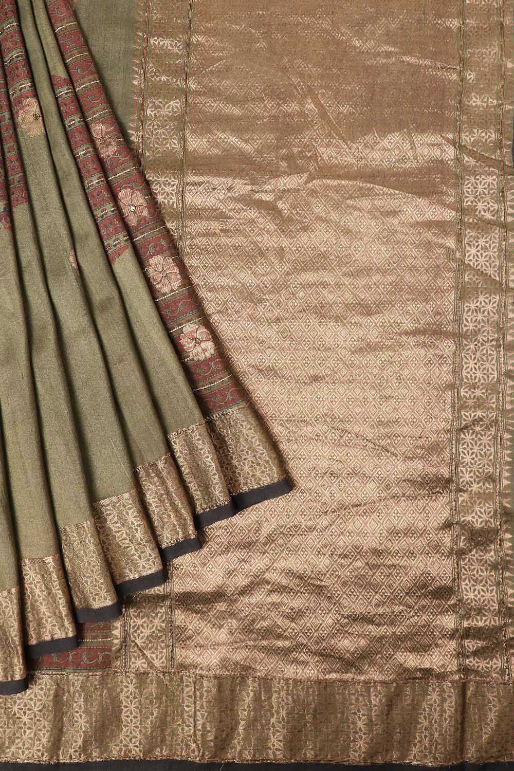 Green Pure Silk Tussar Bagru Print and Zardosi Embroidered Saree image number null