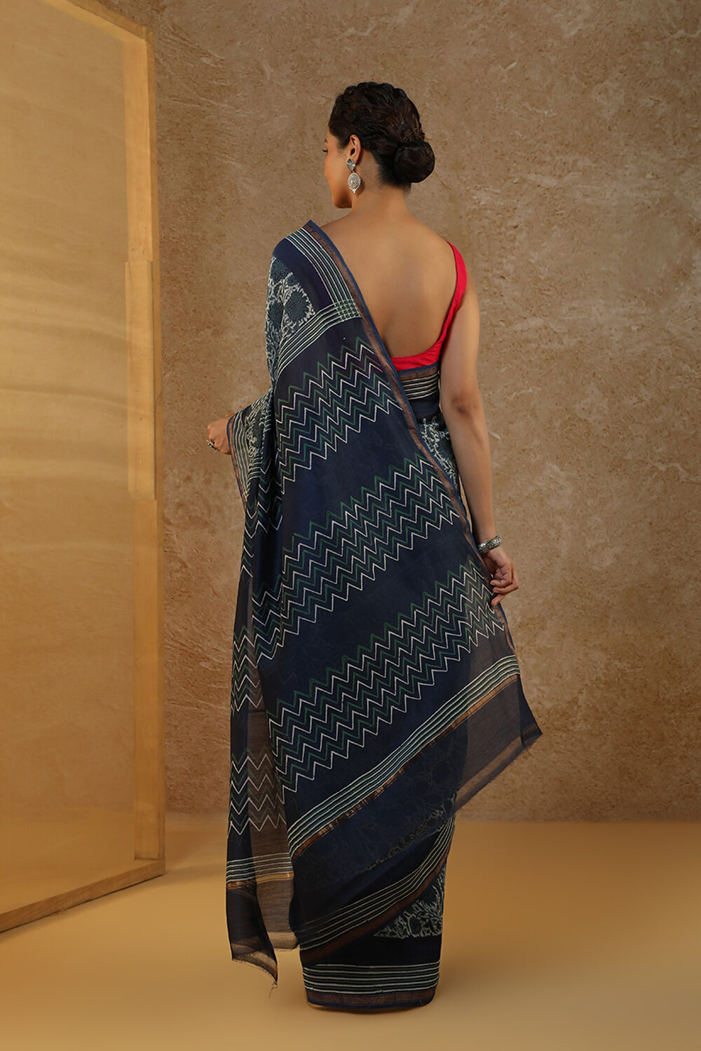 Blue Block Printed Pure Silk Cotton Chanderi Saree image number null