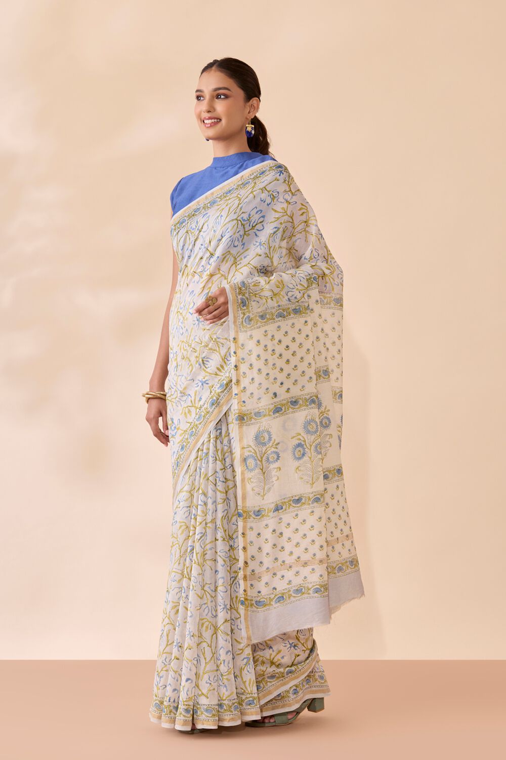 Light Blue Rajasthan Pure Silk Cotton Printed Sanganeri Saree image number null