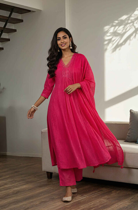 Pink Cotton Viscose Cutwork Kurta Set