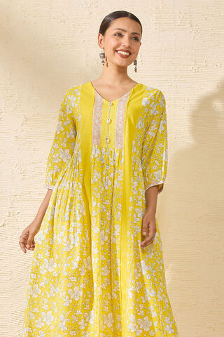 Yellow Pure Cotton Printed Sanganeri Dress thumbnail image number null
