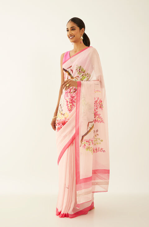 Light Pink Pure Silk Cotton Digital Printed Saree