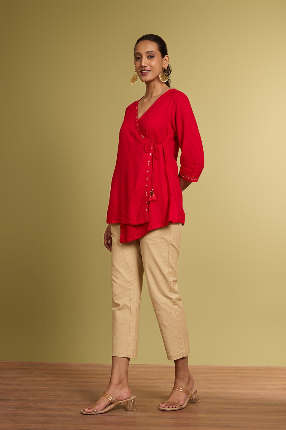 Red Embroidered Viscose Short Top image number null