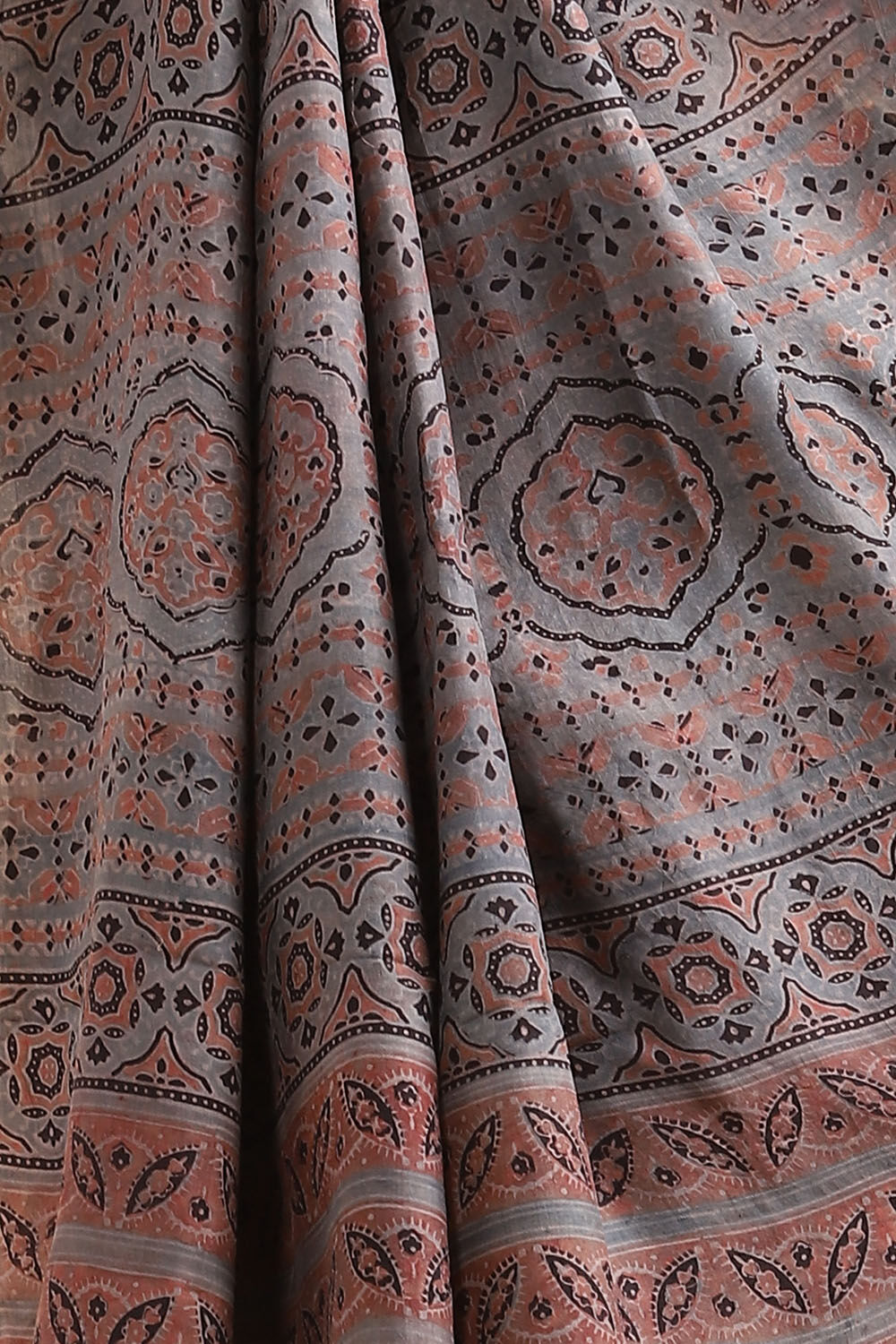 Red Pure Khadi Silk Ajrakh Printed Saree image number null