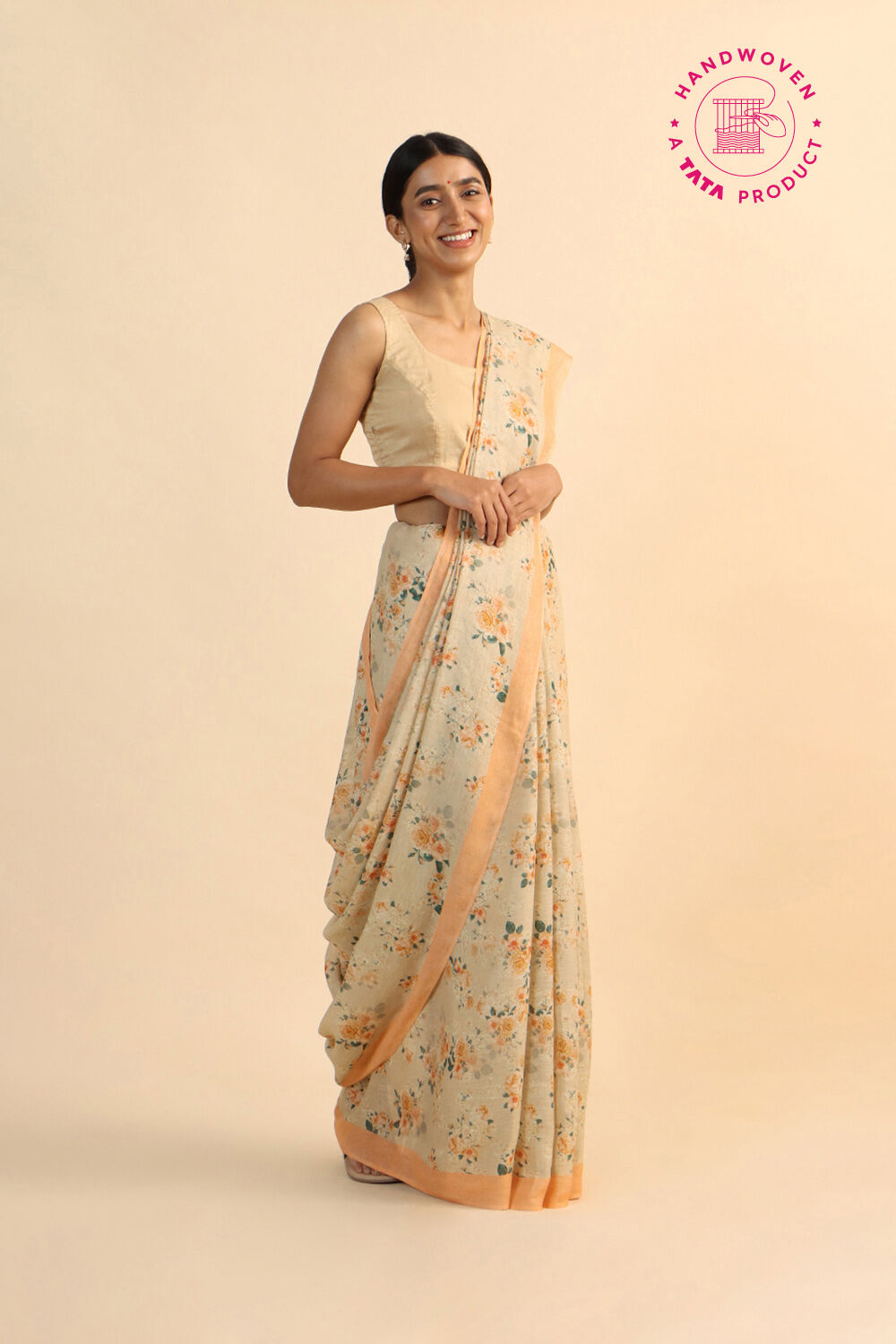 Beige Pure Linen Digital Printed Saree image number null