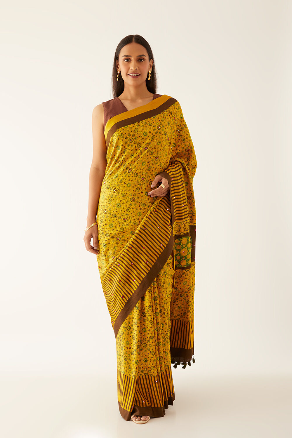 Yellow Pure Silk Ajrakh Printed Saree image number null