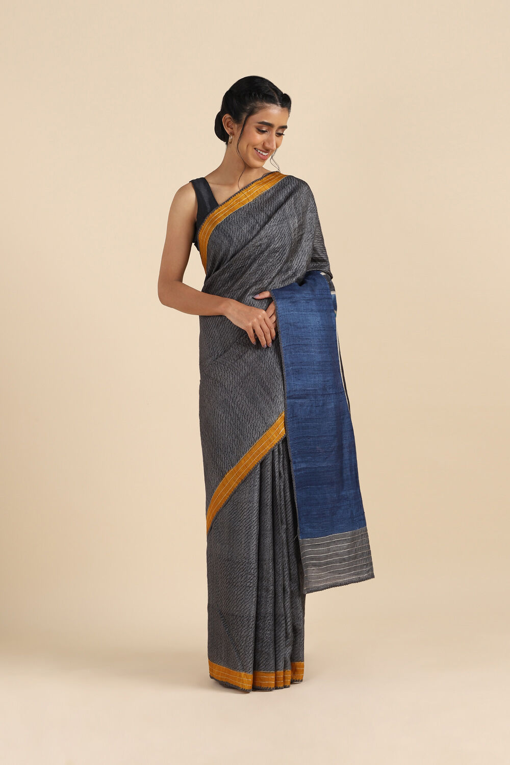 Grey Pure Tussar Silk Embroidered Saree image number null