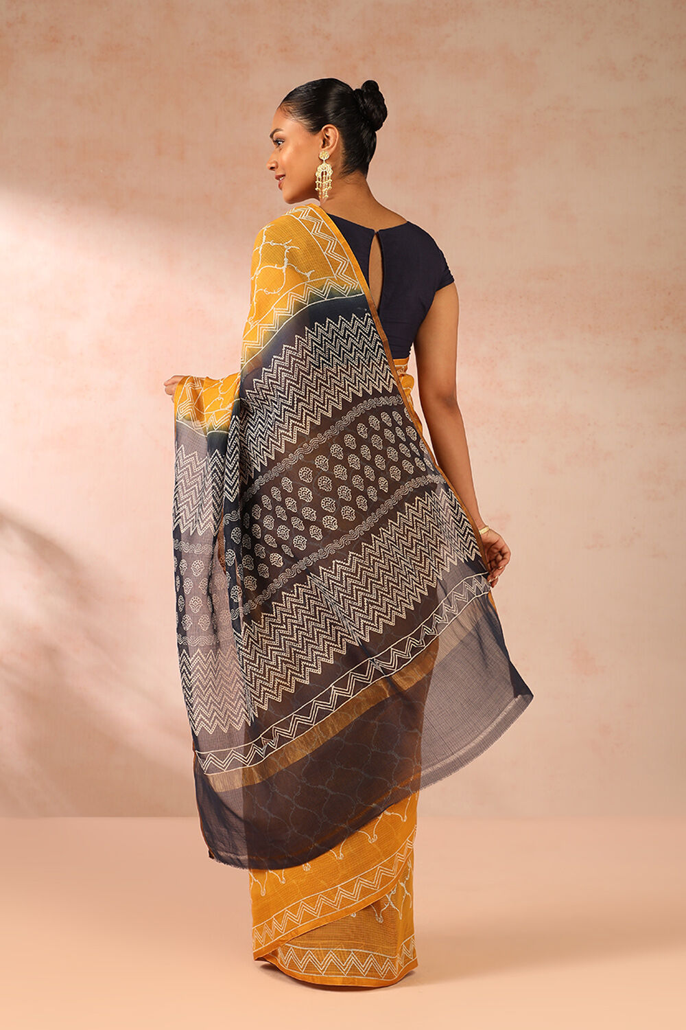Yellow Rajasthan Block Printed Pure Silk Kota Saree image number null