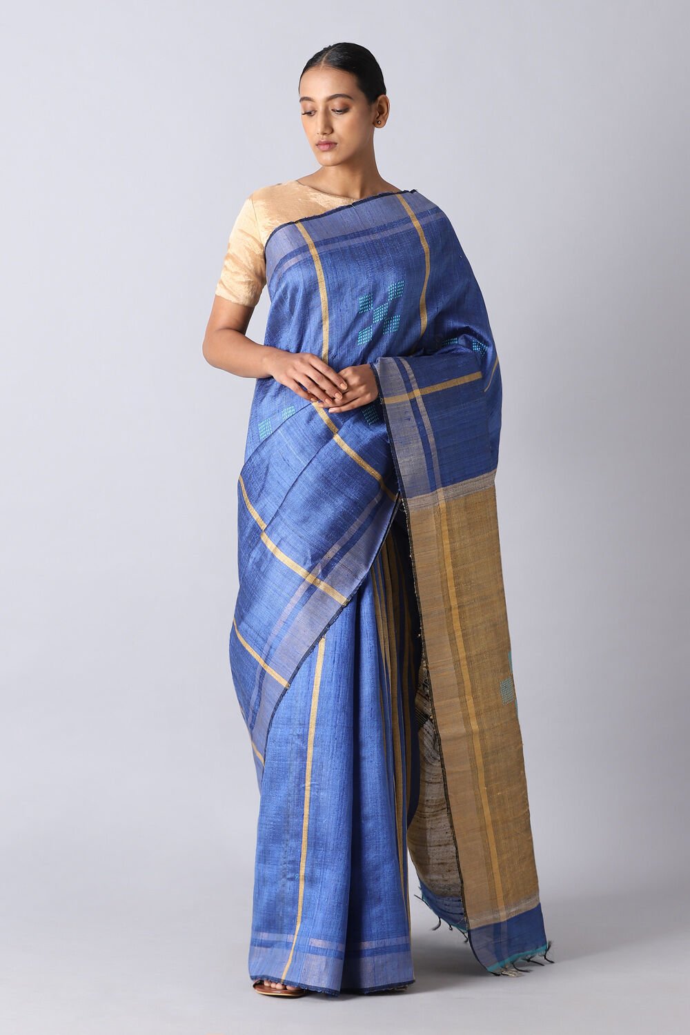 Dark Blue Pure Tussar Silk Bhagalpuri Saree image number null