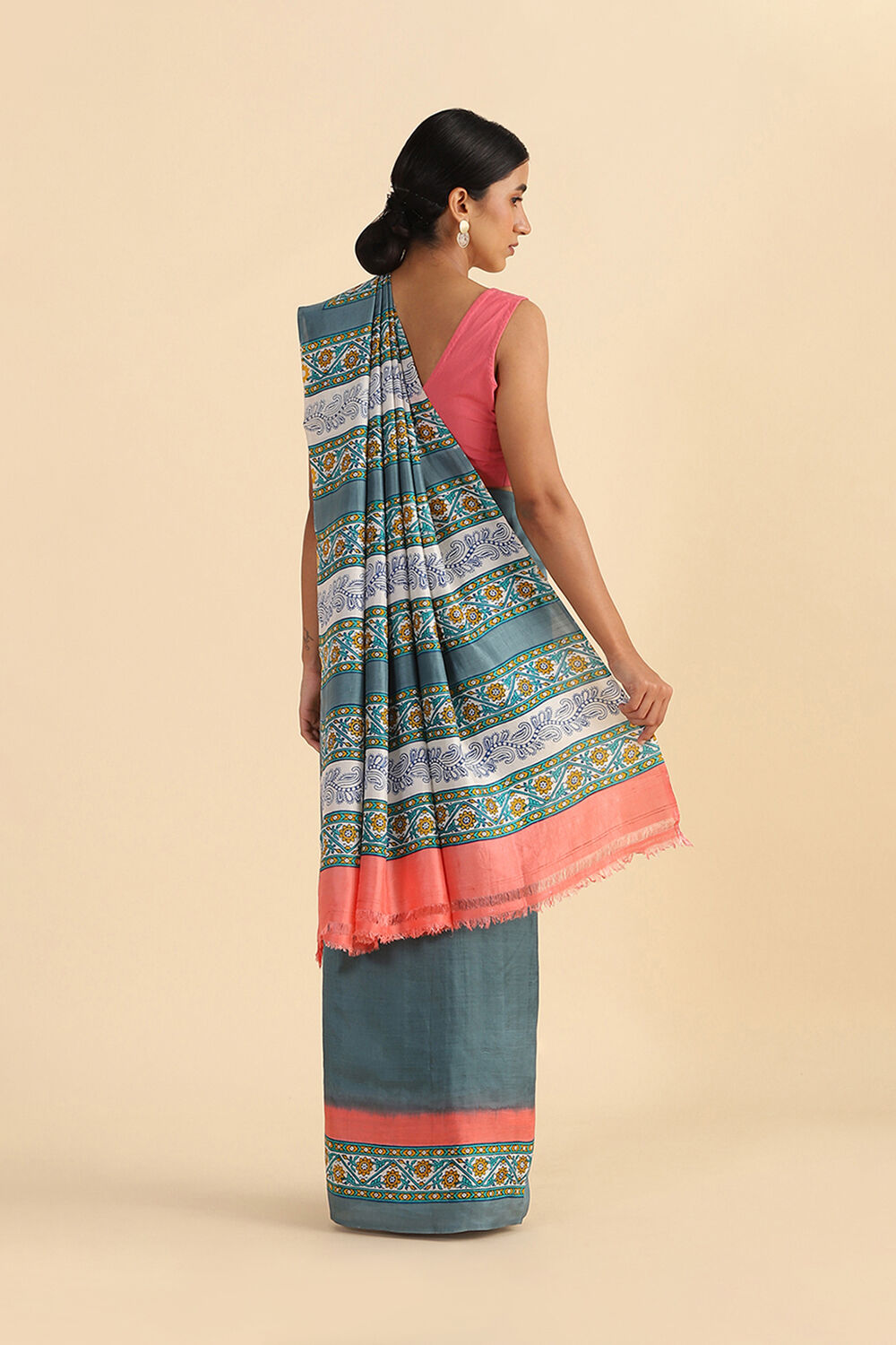 Grey Hand Blockprinted Pure Silk Saree image number null