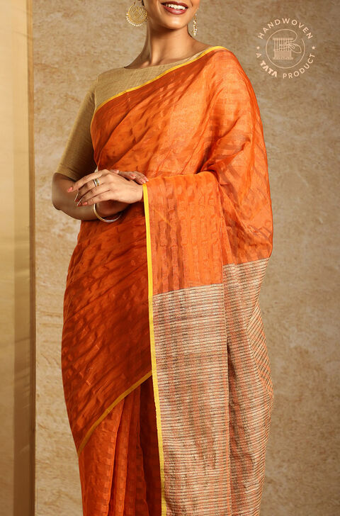Orange Pure Silk Cotton Woven Maheshwari Saree