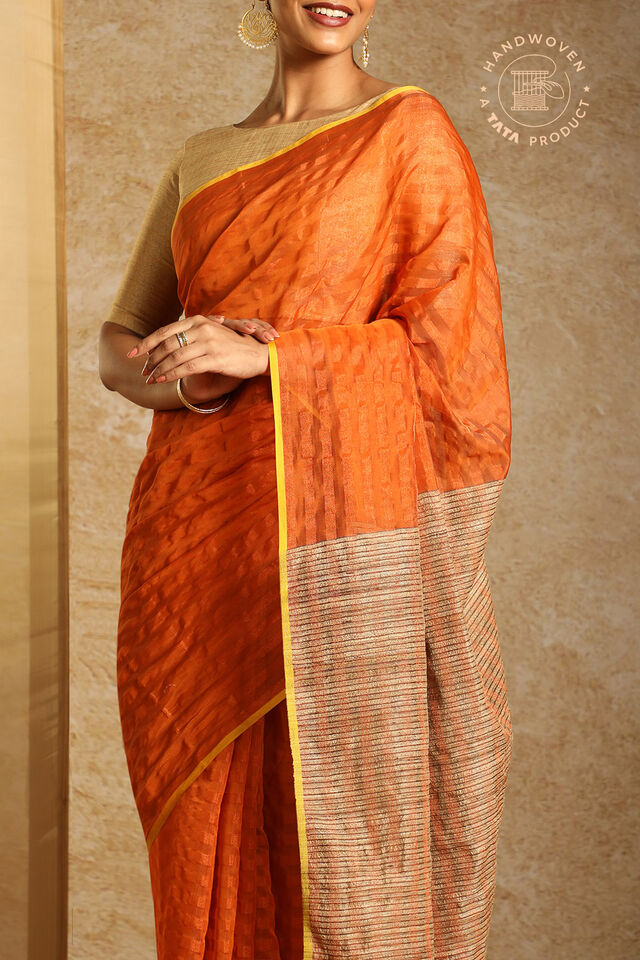 Orange Pure Silk Cotton Woven Maheshwari Saree