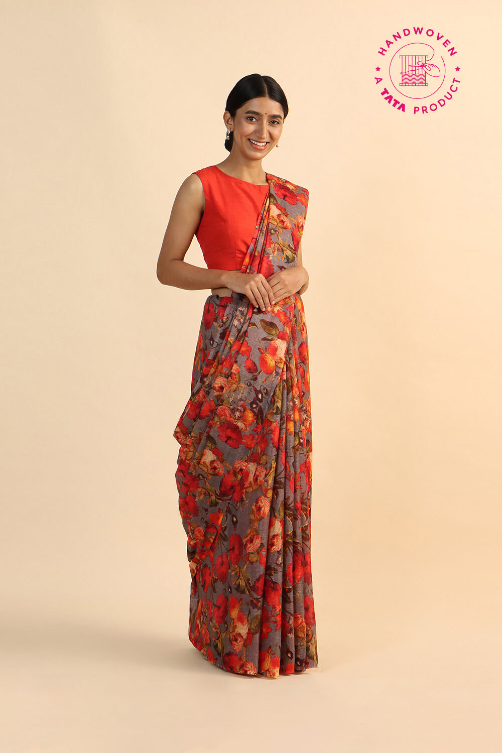 Grey Pure Linen Digital Printed Saree image number null