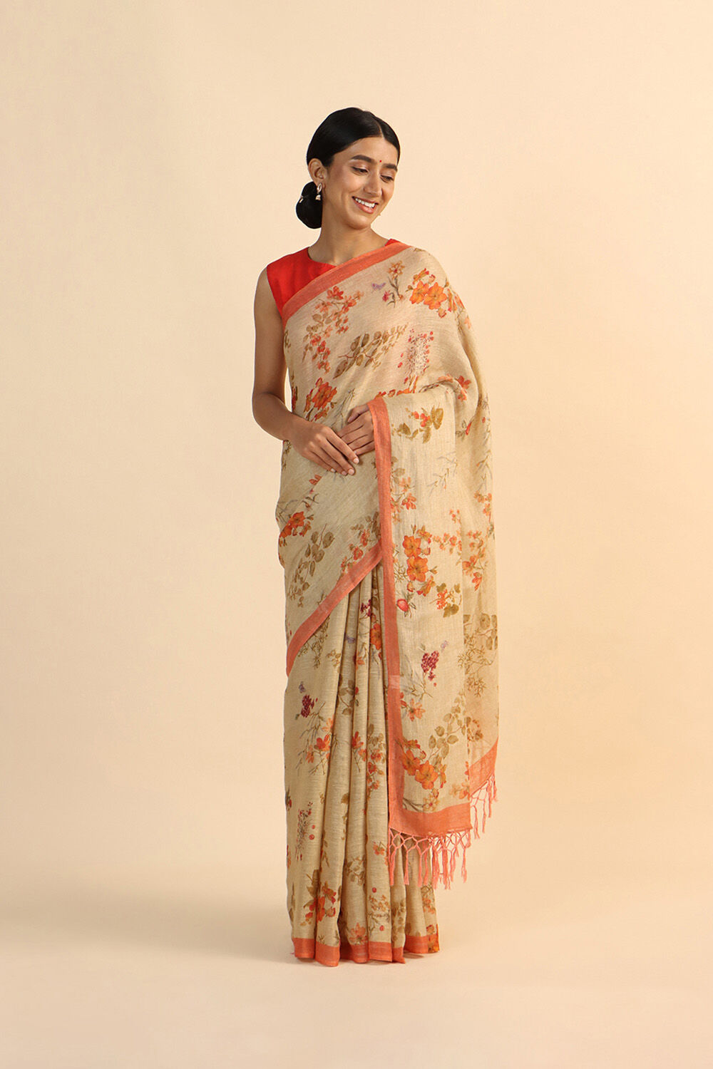 Beige Pure Linen Digital Printed Saree image number null