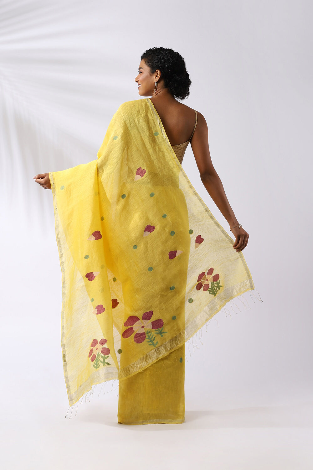 Yellow Pure Silk Linen Jamdani Saree image number null