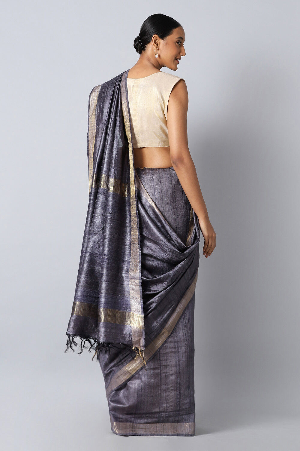 Dark Blue Pure Tussar Silk Bhagalpuri Saree image number null