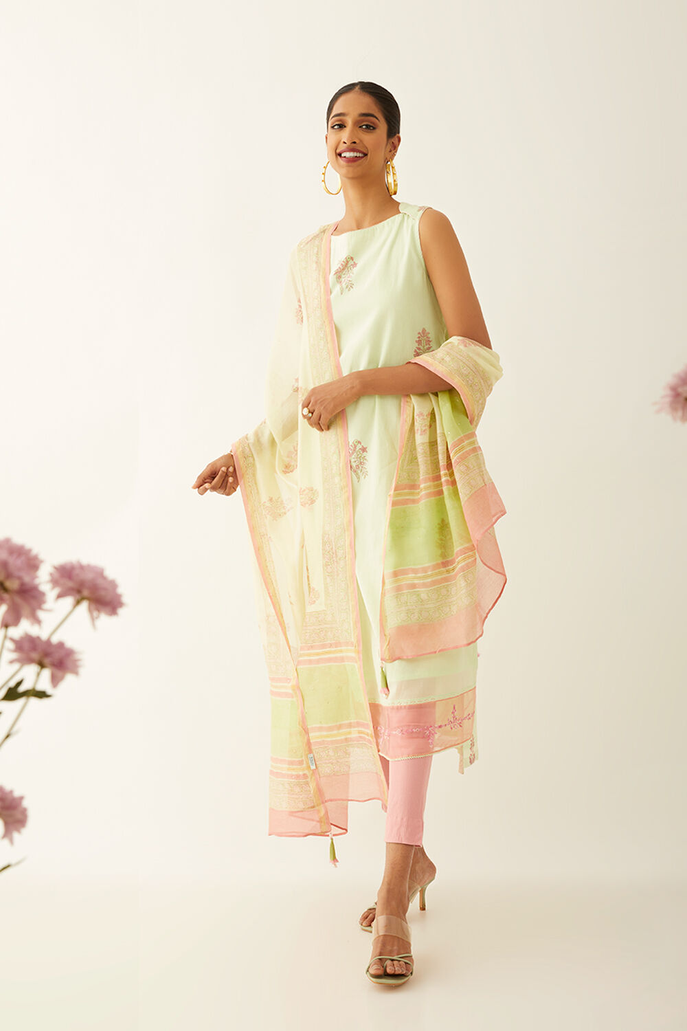Light Green Silk Cotton Sanganeri Printed Dupatta image number null