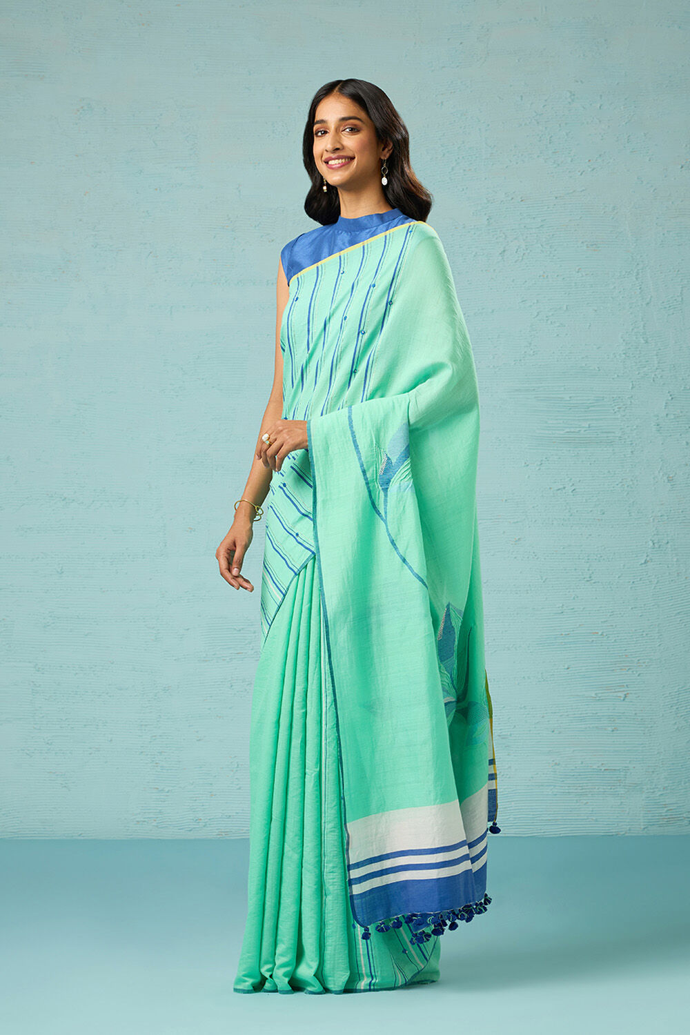 Light Green Bengal Pure Silk Cotton Jamdani Saree image number null