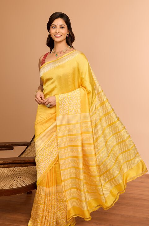 Light Yellow Murshidabad Block Printed Pure Silk Saree