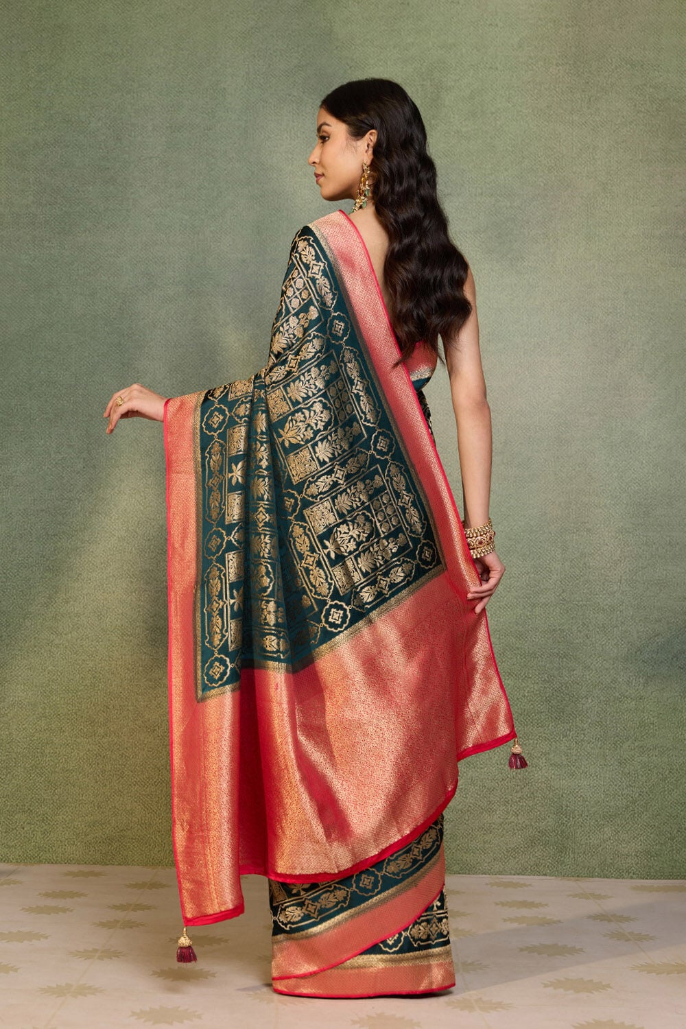 Green Woven Viscose Satin Saree image number null