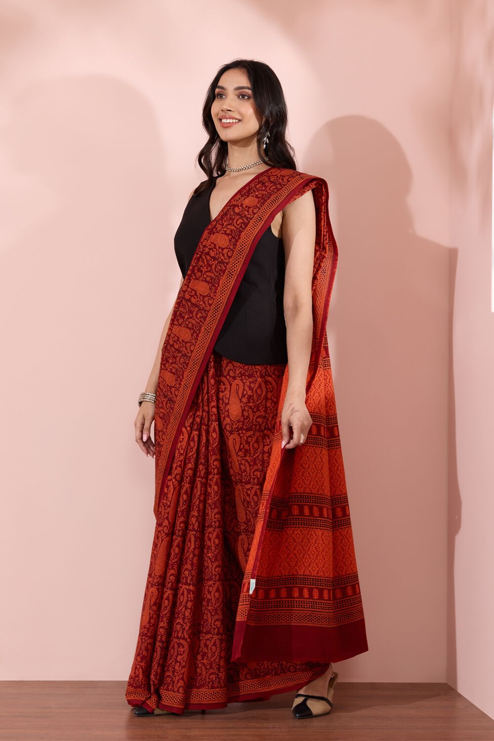 Red Bagh Block Printed Pure Cotton Saree image number null