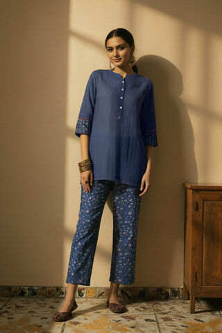 Blue Pure Silk Cotton Ajrakh Short Top image number