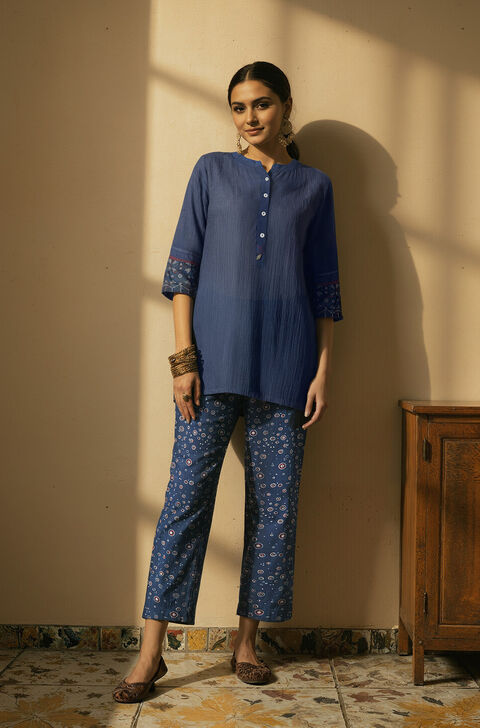 Blue Pure Silk Cotton Ajrakh Short Top