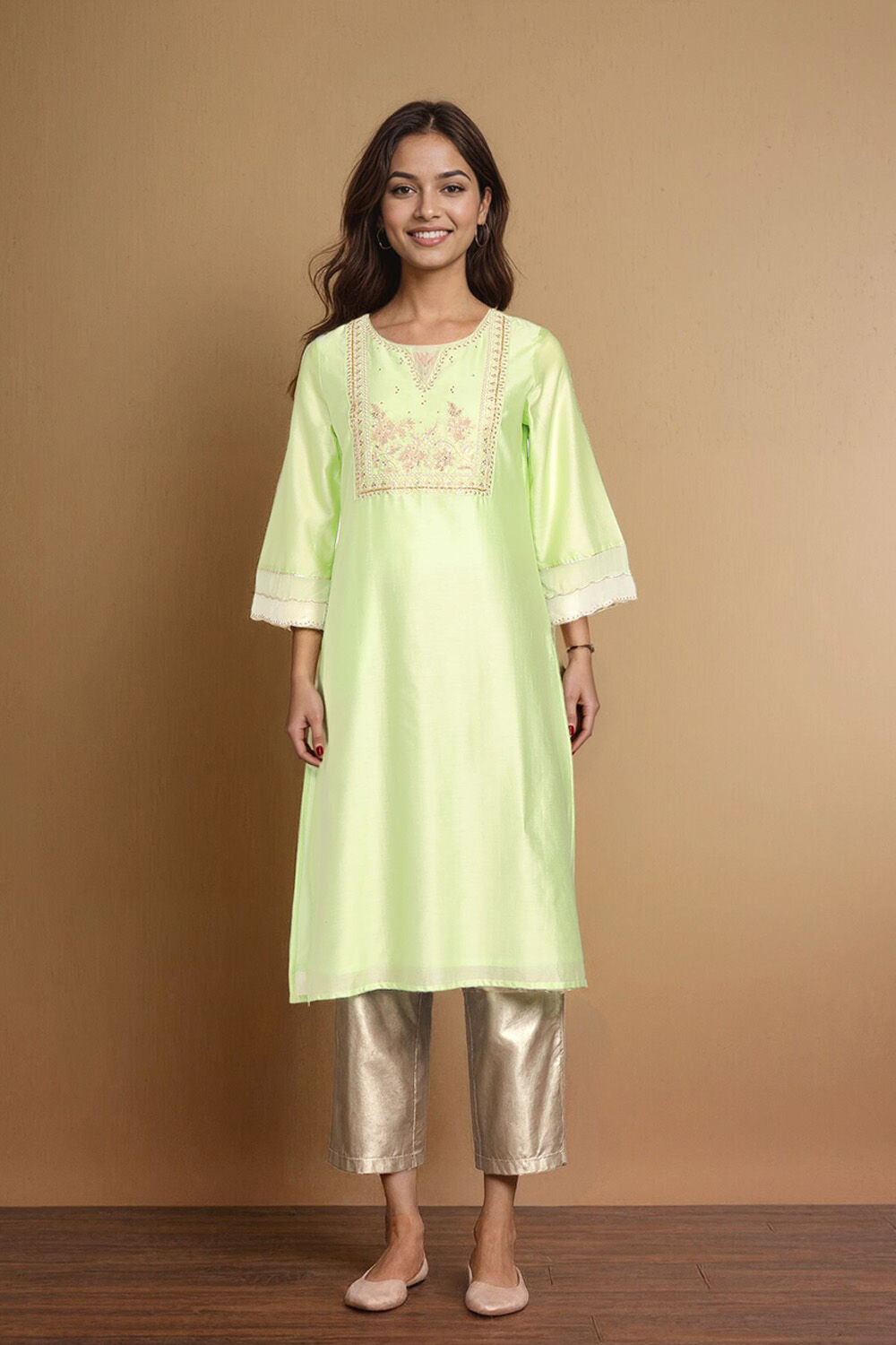 Light Green Pure Silk Cotton Embroidered Kurta image number null